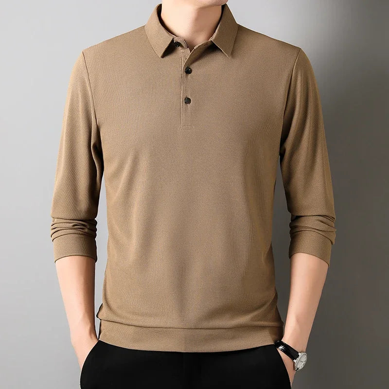 Men's Waffle Solid Long Sleeved Polo Shirt