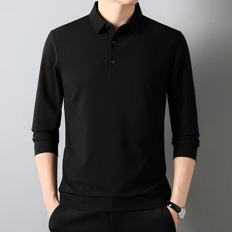 Men's Waffle Solid Long Sleeved Polo Shirt
