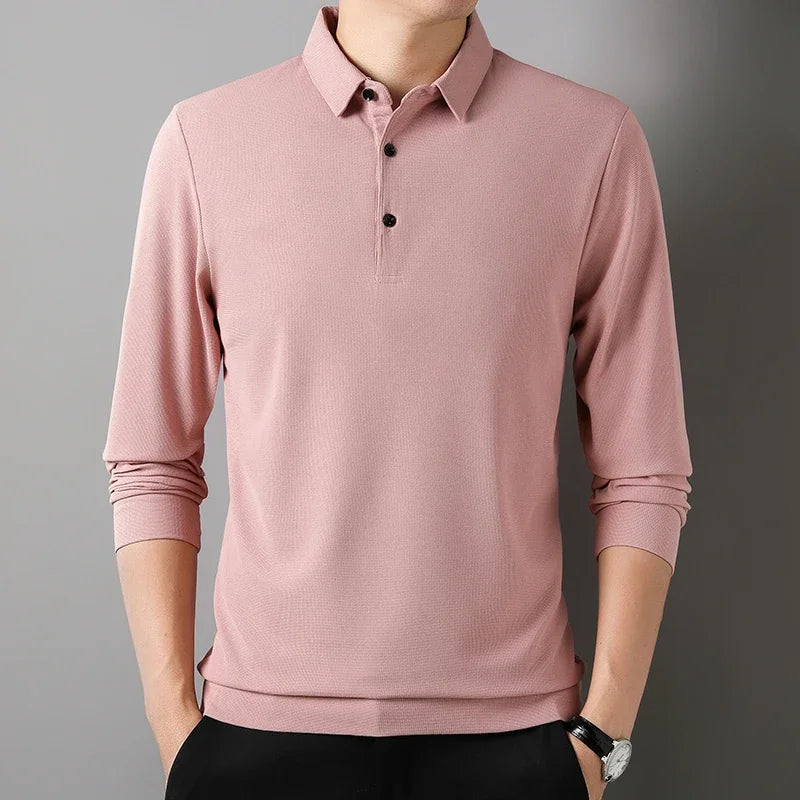 Men's Waffle Solid Long Sleeved Polo Shirt