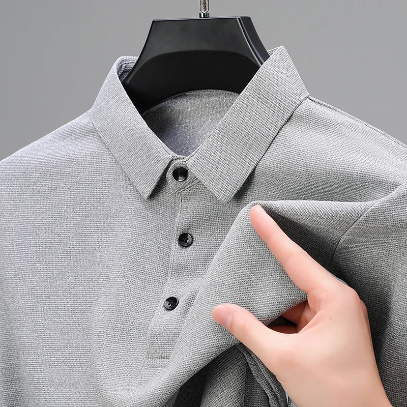 Men's Waffle Solid Long Sleeved Polo Shirt